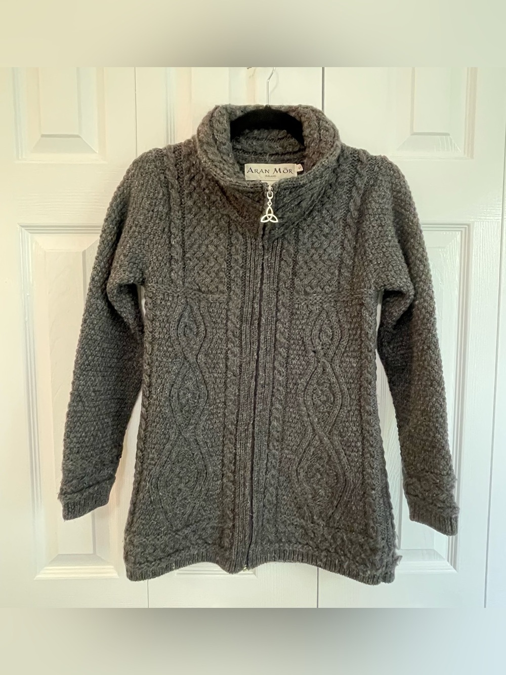 Aran Mor Made in Ireland Women's Charcoal Cable Knit Zip Sweater Minimalist